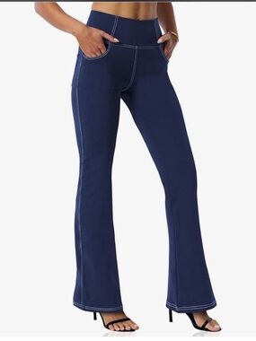 Vooveeya Navy Flared Pull-On Yoga Pants with High Waist